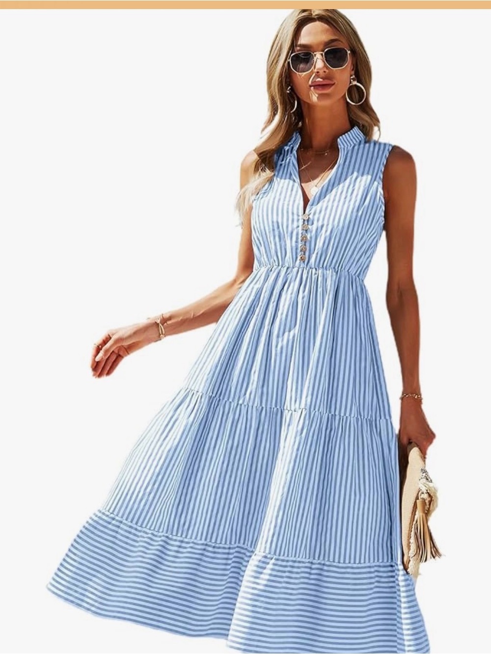 Floerns Women's Striped Print Notched Neck Sleeveless Ruffle A Line Midi Dress